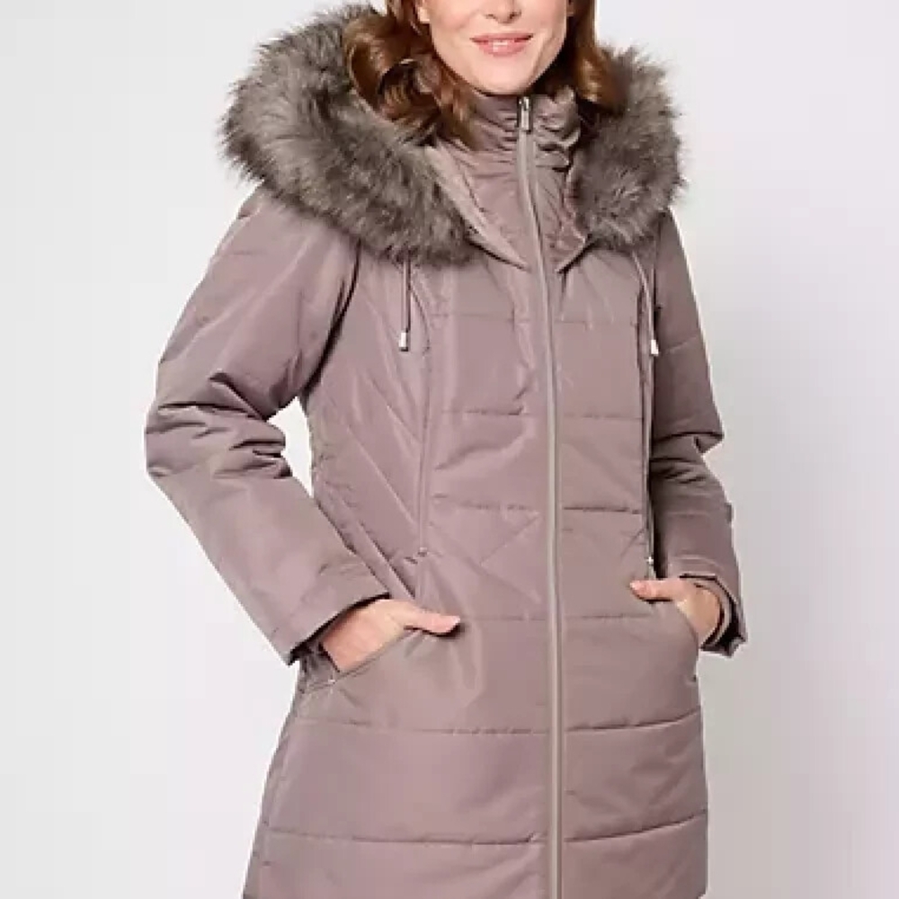 NWT Susan Graver 1X Puffer Jacket Water Resistant Quilted Faux Fur Trim Thistle